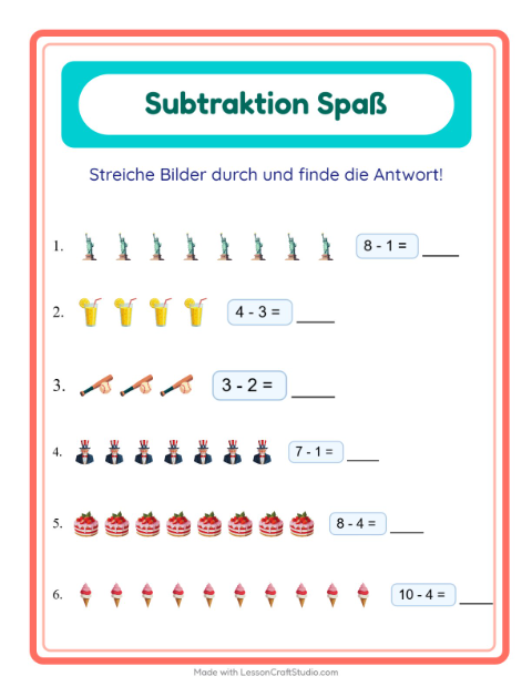 Vorschau: Subtraktion-Arbeitsblatt mit 4. Juli für Kindergarten