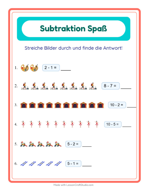 Vorschau: Subtraktion-Arbeitsblatt mit Aktivitäten für Kindergarten