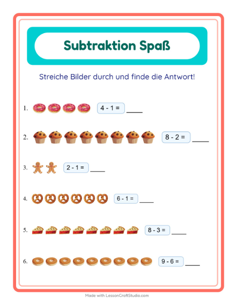 Vorschau: Subtraktion-Arbeitsblatt mit Bäckerei für Kindergarten