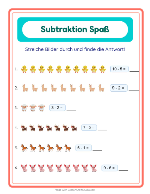 Vorschau: Subtraktion-Arbeitsblatt mit Bauernhoftiere für Kindergarten