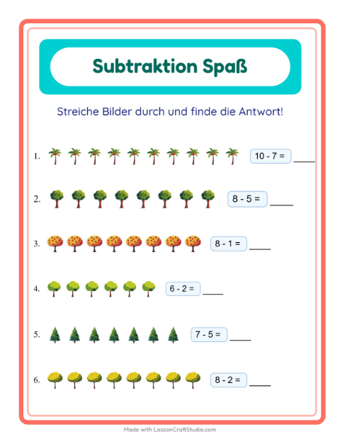 Vorschau: Subtraktion-Arbeitsblatt mit Bäume für Kindergarten