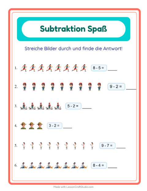 Vorschau: Subtraktion-Arbeitsblatt mit Berufe für Kindergarten