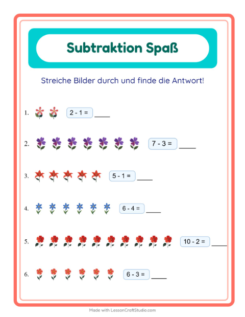 Vorschau: Subtraktion-Arbeitsblatt mit Blumen für Kindergarten