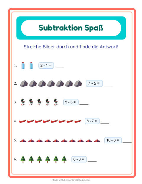 Vorschau: Subtraktion-Arbeitsblatt mit Camping für Kindergarten
