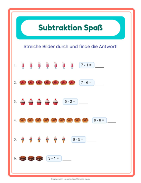 Vorschau: Subtraktion-Arbeitsblatt mit Desserts und Süßigkeiten für Kindergarten