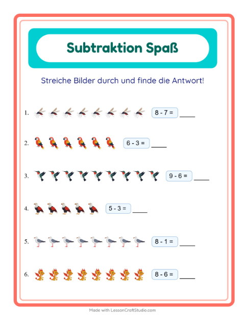 Vorschau: Subtraktion-Arbeitsblatt mit Dinge die fliegen für Kindergarten