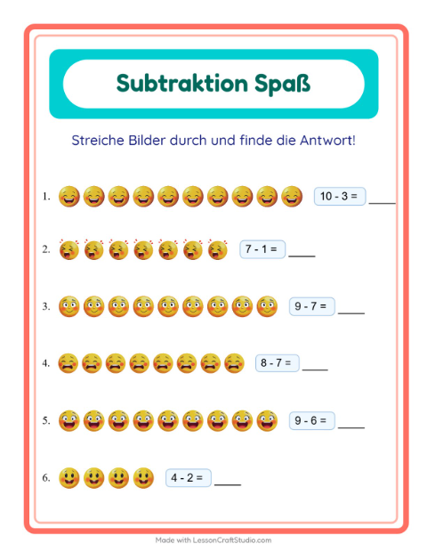 Vorschau: Subtraktion-Arbeitsblatt mit Emotionen für Kindergarten