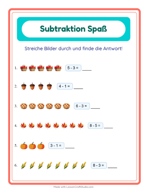Vorschau: Subtraktion-Arbeitsblatt mit Erntedankfest für Kindergarten