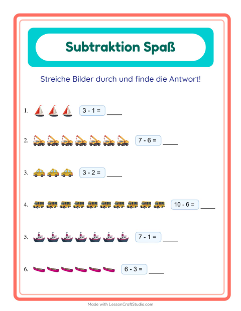 Vorschau: Subtraktion-Arbeitsblatt mit Fahrzeuge für Kindergarten