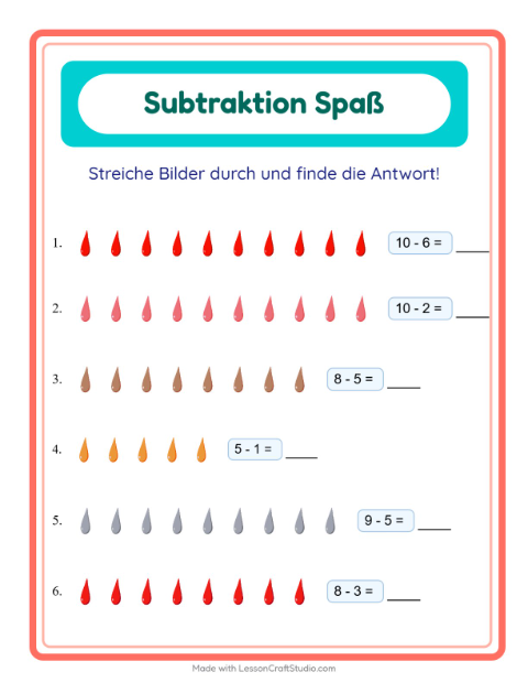 Vorschau: Subtraktion-Arbeitsblatt mit Farben für Kindergarten