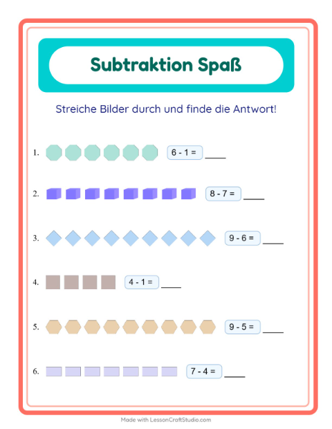 Vorschau: Subtraktion-Arbeitsblatt mit Formen für Kindergarten