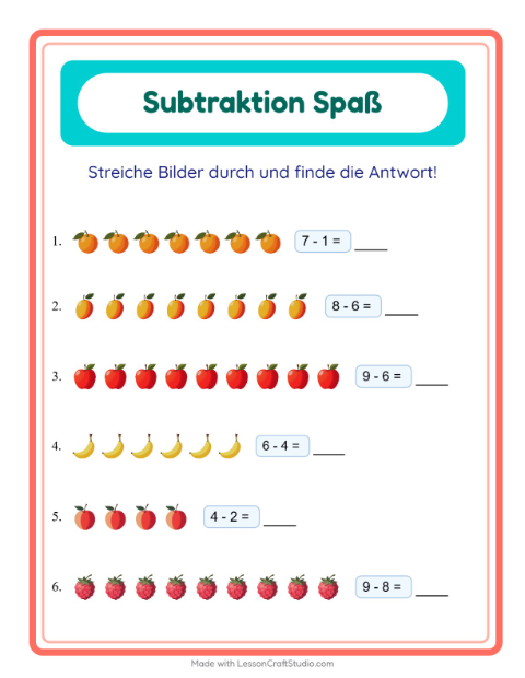 Vorschau: Subtraktion zum Durchstreichen mit Äpfeln, Bananen und Birnen – Arbeitsblatt für die 1. Klasse