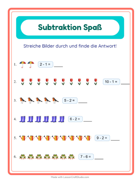 Vorschau: Subtraktion-Arbeitsblatt mit Frühling für Kindergarten