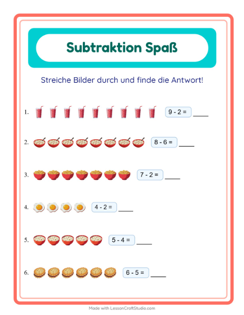 Vorschau: Subtraktion-Arbeitsblatt mit Frühstück für Kindergarten