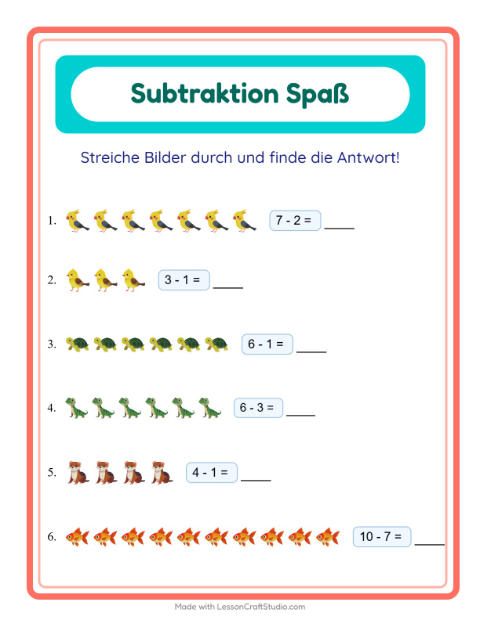 Vorschau: Subtraktion-Arbeitsblatt mit Haustiere für Kindergarten