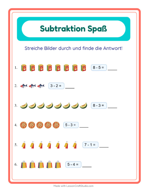 Vorschau: Subtraktion-Arbeitsblatt mit Im Supermarkt für Kindergarten