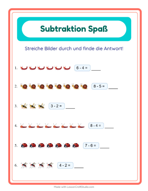 Vorschau: Subtraktion-Arbeitsblatt mit Insekten und Käfer für Kindergarten