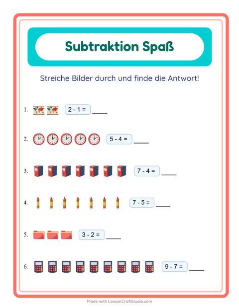 Vorschau: Subtraktion-Arbeitsblatt mit Klassenzimmer für Kindergarten