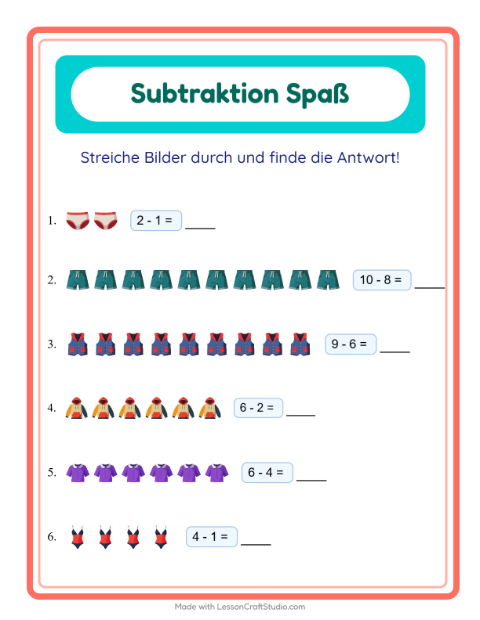 Vorschau: Subtraktion-Arbeitsblatt mit Kleidung für Kindergarten