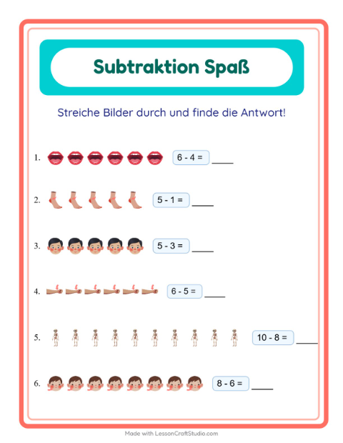 Vorschau: Subtraktion-Arbeitsblatt mit Körperteile für Kindergarten