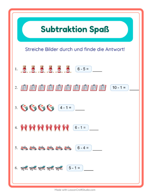 Vorschau: Subtraktion-Arbeitsblatt mit Krankenhaus für Kindergarten
