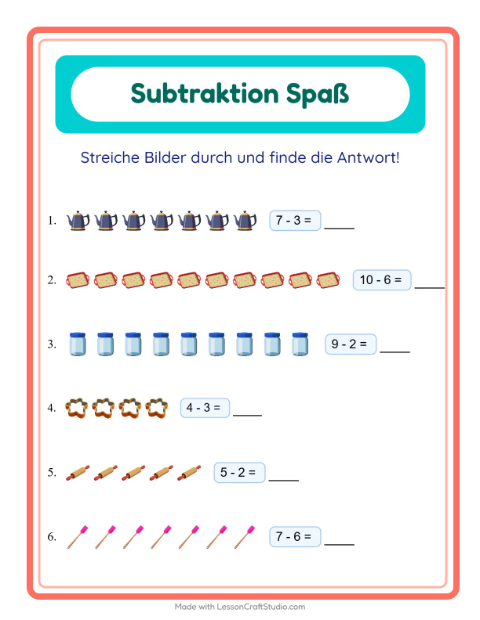 Vorschau: Subtraktion-Arbeitsblatt mit Küchenwerkzeuge für Kindergarten