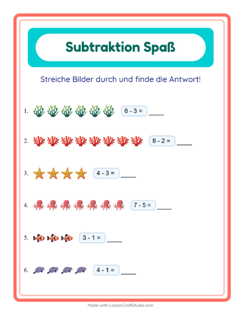 Vorschau: Subtraktion-Arbeitsblatt mit Meeresleben für Kindergarten