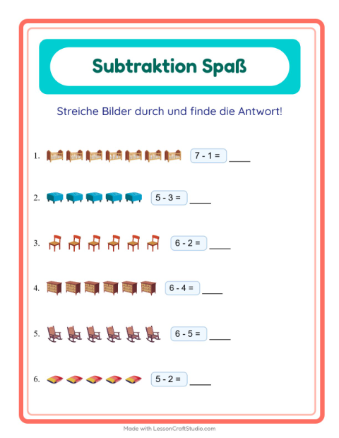 Vorschau: Subtraktion-Arbeitsblatt mit Möbel für Kindergarten