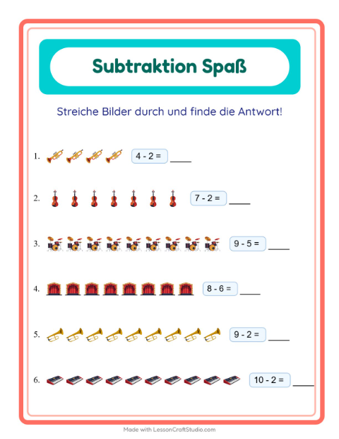 Vorschau: Subtraktion-Arbeitsblatt mit Musik für Kindergarten