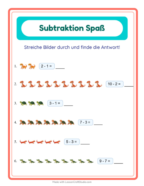 Vorschau: Subtraktion-Arbeitsblatt mit Reptilien und Amphibien für Kindergarten