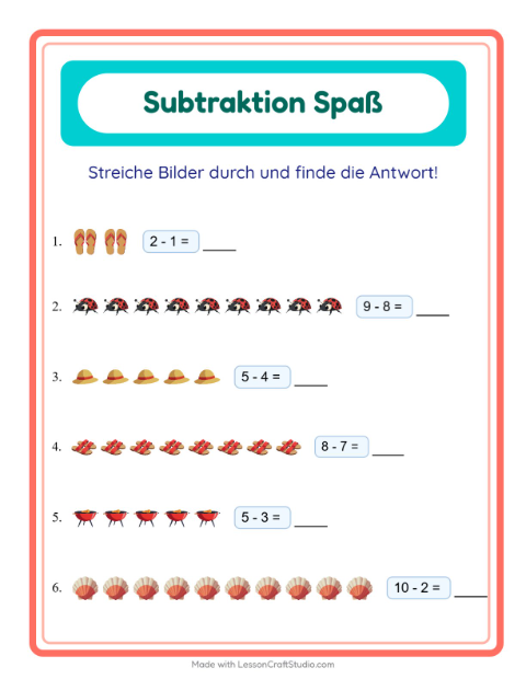 Vorschau: Subtraktion-Arbeitsblatt mit Sommer für Kindergarten