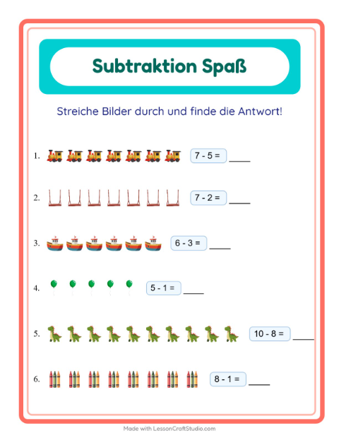 Vorschau: Subtraktion zum Durchstreichen mit Bällen, Puppen und Robotern – Arbeitsblatt für die 1. Klasse