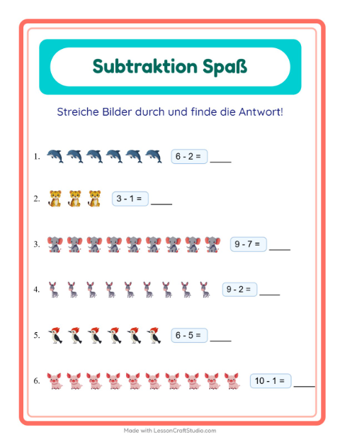 Vorschau: Subtraktion-Arbeitsblatt mit Tiere für Kindergarten
