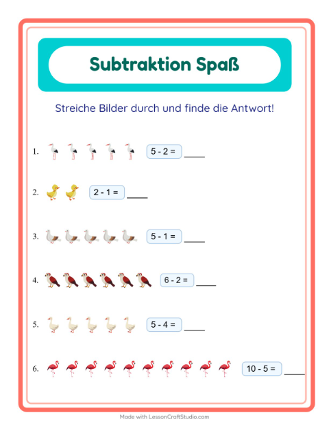 Vorschau: Subtraktion-Arbeitsblatt mit Vögel 2 für Kindergarten