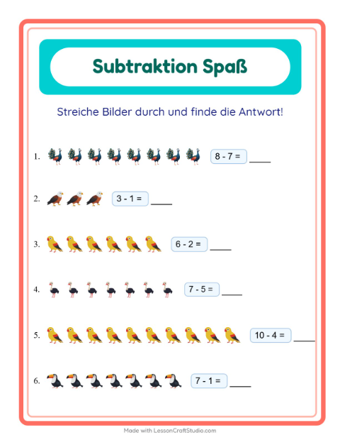 Vorschau: Subtraktion-Arbeitsblatt mit Vögel für Kindergarten