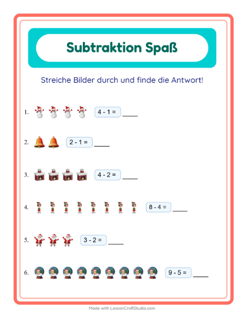 Vorschau: Subtraktion-Arbeitsblatt mit Weihnachten für Kindergarten