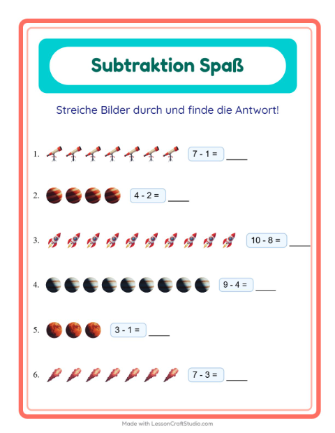 Vorschau: Subtraktion-Arbeitsblatt mit Weltraum für Kindergarten