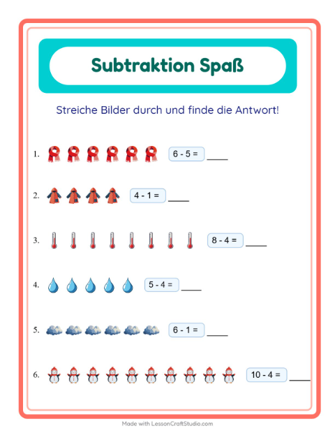 Vorschau: Subtraktion-Arbeitsblatt mit Wetter für Kindergarten