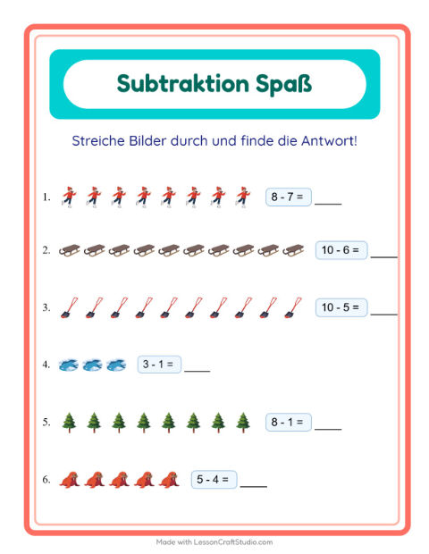 Vorschau: Subtraktion-Arbeitsblatt mit Winter für Kindergarten