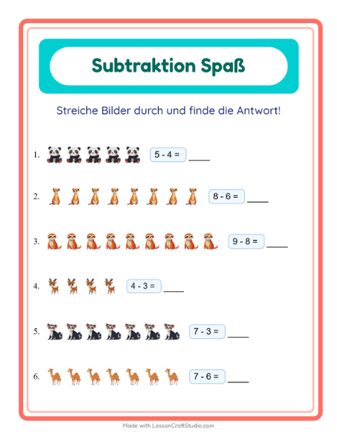 Vorschau: Subtraktion-Arbeitsblatt mit Zootiere für Kindergarten