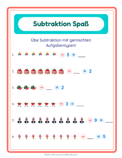 Vorschau: Subtraktion-Arbeitsblatt mit 4. Juli für Kindergarten