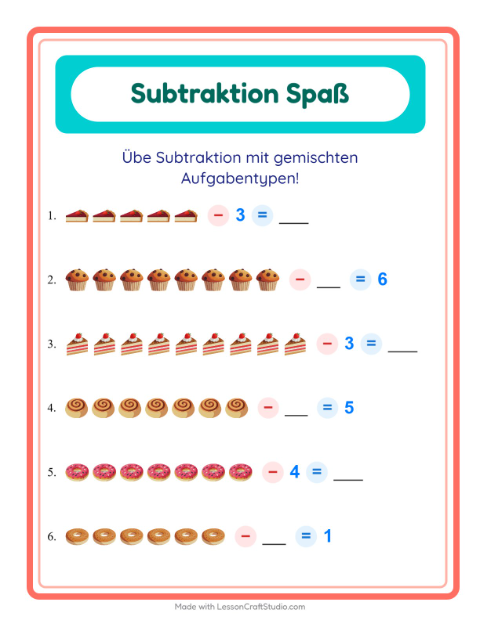 Vorschau: Subtraktion-Arbeitsblatt mit Bäckerei für Kindergarten