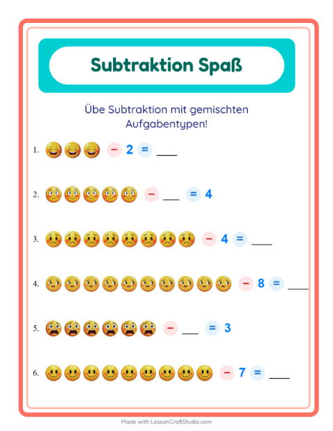 Vorschau: Subtraktion-Arbeitsblatt mit Emotionen für Kindergarten