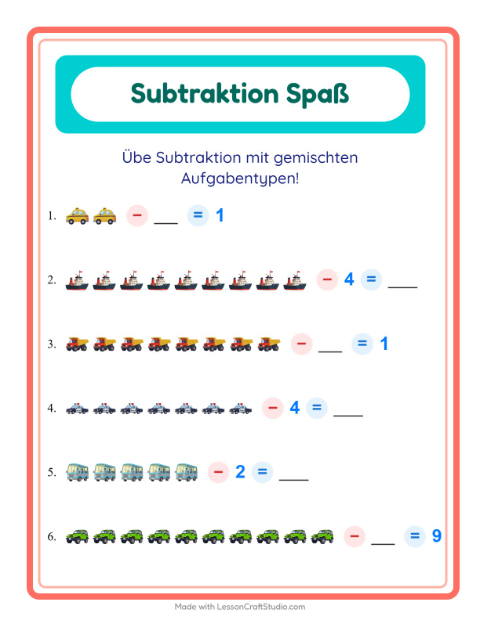 Vorschau: Subtraktion-Arbeitsblatt mit Fahrzeuge für Kindergarten