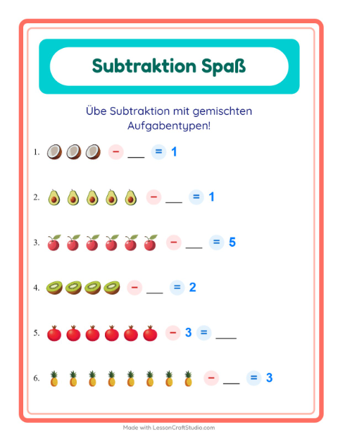 Vorschau: Gemischte Subtraktion mit Äpfeln, Bananen und Birnen – Arbeitsblatt für die 1. Klasse
