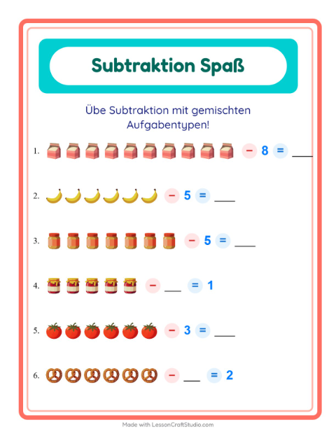 Vorschau: Subtraktion-Arbeitsblatt mit Im Supermarkt für Kindergarten