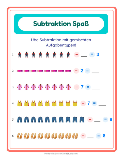 Vorschau: Subtraktion-Arbeitsblatt mit Kleidung für Kindergarten