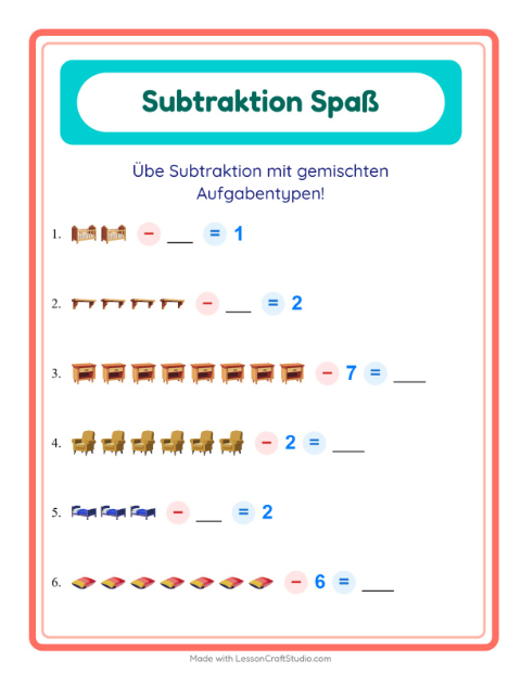 Vorschau: Subtraktion-Arbeitsblatt mit Möbel für Kindergarten