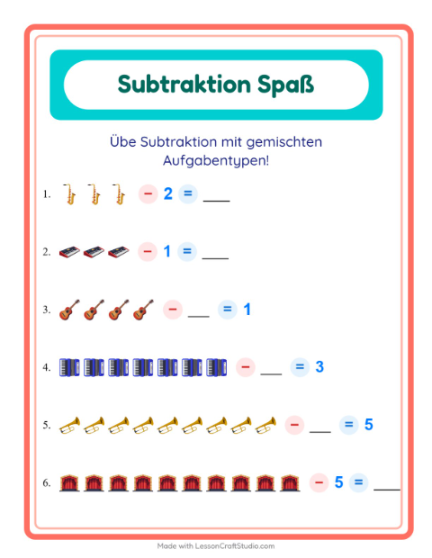 Vorschau: Subtraktion-Arbeitsblatt mit Musik für Kindergarten