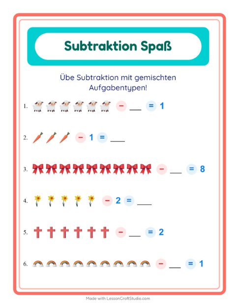 Vorschau: Subtraktion-Arbeitsblatt mit Ostern für Kindergarten